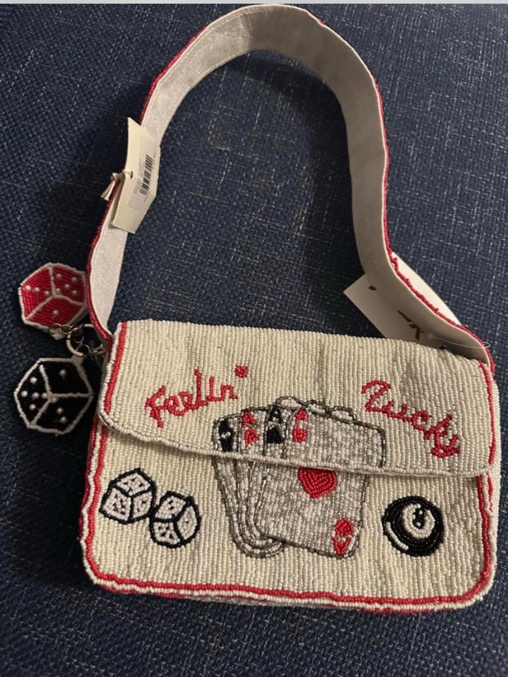 Beaded Lucky Dice Shoulder Bag in White and Red